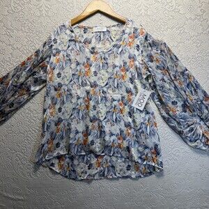 MOD On Trend Blouse Womens Large Blue Floral Balloon Sleeve Lined Chiffon